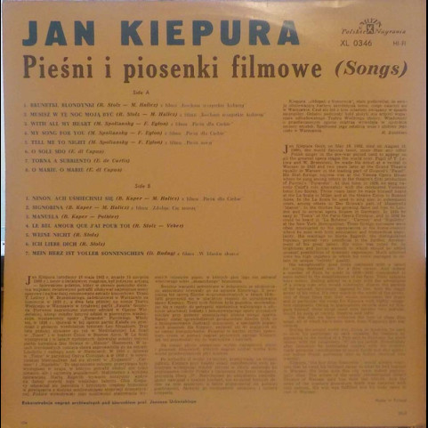 Jan Kiepura - Pieśni I Piosenki Filmowe (Songs) (1966) [1LP]