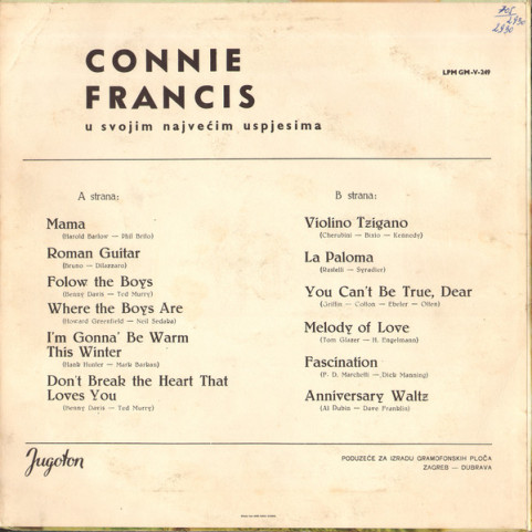 Connie Francis - Pjeva Svoje Najveće Uspjehe (1965) [1LP]