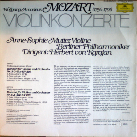 Wolfgang Amadeus Mozart - Anne-Sophie Mutter / Berliner Philharmoniker / Herbert von Karajan - Violinkonzerte · Violin Concertos No.3 G-dur KV 216 · No.5 A-dur KV 219 (1978) [1LP]
