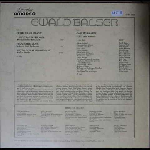 Ewald Balser - Ludwig van Beethoven - Heiligenstädter Testament / Franz Grillparzer / Bettina von Arnim / Carl Zuckmayer - Des Teufels General (1982) [1LP]