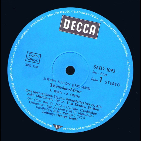 Joseph Haydn, Erna Spoorenberg, Bernadette Greevy, John Mitchinson, Tom Krause, St. John's College Choir, Academy Of St. Martin-in-the-Fields, The, George Guest (2) - Theresien-Messe (1975) [1LP]