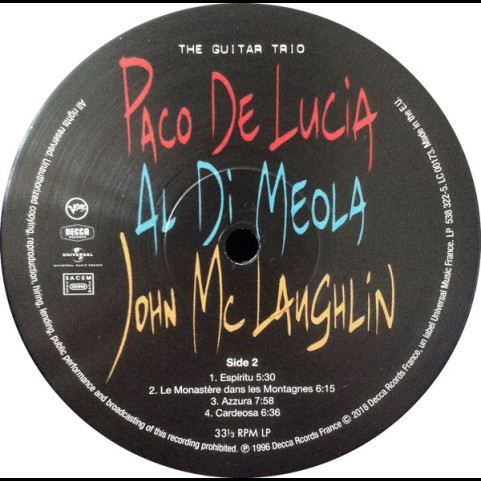 Paco De Lucía, Al Di Meola, John McLaughlin - The Guitar Trio (2018) [1LP] 180g