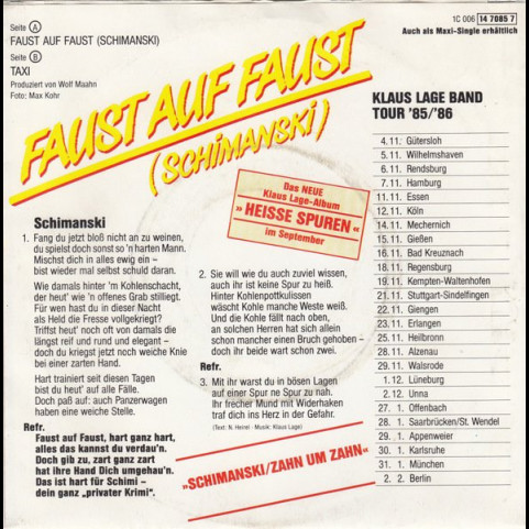 Klaus Lage Band - Faust Auf Faust (Schimanski) (1985) [7"]