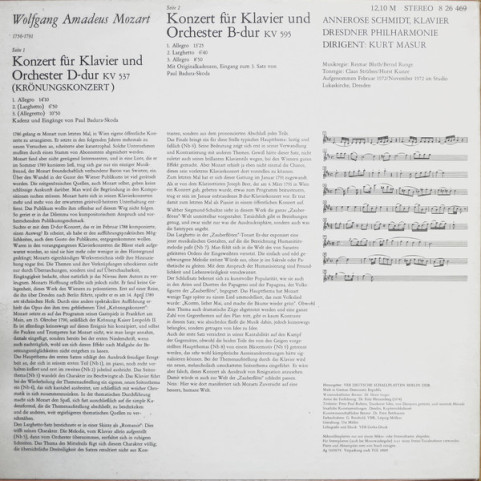 Wolfgang Amadeus Mozart, Annerose Schmidt, Dresdner Philharmonie, Kurt Masur - Klavierkonzert D-dur KV 537 (Krönungs-Konzert), Klavierkonzert B-dur KV 595 (1974) [1LP]