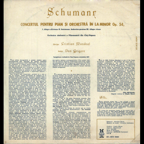Robert Schumann - Dan Grigore, Orchestra Simfonică A Filarmonicii Din Cluj-Napoca conductor Cristian Mandeal - Piano Concerto In A Minor Op.54 = Concert Pentru Pian Și Orchestră În La Minor, Op. 54 (1988) [1LP]