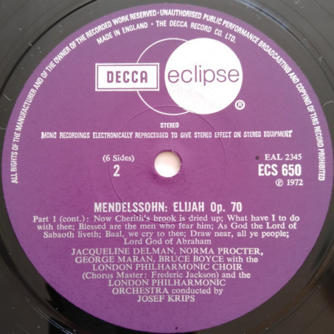 Felix Mendelssohn-Bartholdy - Jacqueline Delman, Norma Procter, George Maran, Bruce Boyce, Michael Cunningham (7), London Philharmonic Choir & London Philharmonic Orchestra, Josef Krips - Elijah (1972) [3LP]