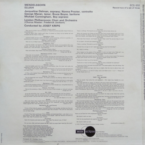 Felix Mendelssohn-Bartholdy - Jacqueline Delman, Norma Procter, George Maran, Bruce Boyce, Michael Cunningham (7), London Philharmonic Choir & London Philharmonic Orchestra, Josef Krips - Elijah (1972) [3LP]