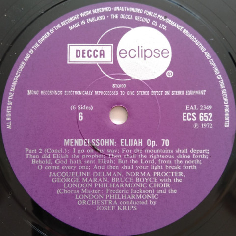 Felix Mendelssohn-Bartholdy - Jacqueline Delman, Norma Procter, George Maran, Bruce Boyce, Michael Cunningham (7), London Philharmonic Choir & London Philharmonic Orchestra, Josef Krips - Elijah (1972) [3LP]