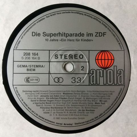 Various - Die Superhitparade Im ZDF - 10 Jahre »Ein Herz Für Kinder« (1987) [1LP]
