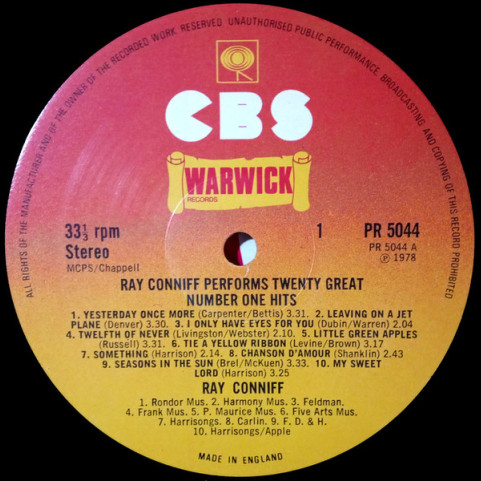 Ray Conniff - 20 Number One Hits (1978) [1LP]