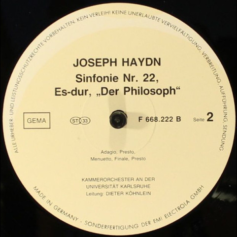 Joseph Haydn, Sinfonieorchester An Der Universität Karlsruhe Und Kammerorchester An Der Universität Karlsruhe Leitung Dieter Köhnlein (2) - Sinfonia Concertante B-Dur, HOB I/105 / Sinfonie Nr. 22, Es-Dur, HOB I/22 »Der Philosoph« [1LP]