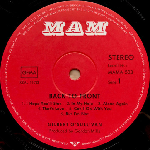 Gilbert O'Sullivan - Back To Front (1972) [1LP]
