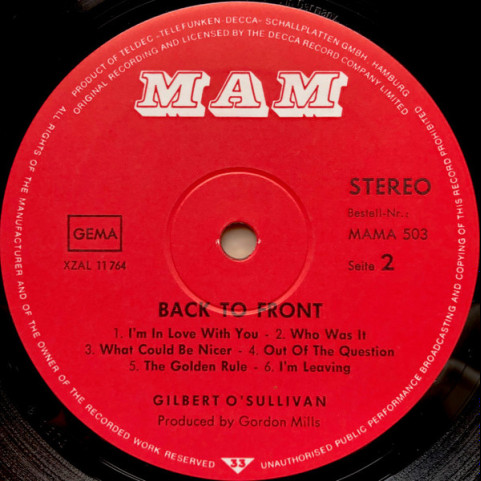 Gilbert O'Sullivan - Back To Front (1972) [1LP]