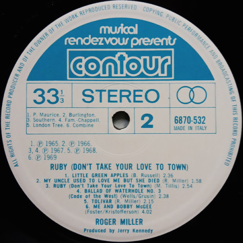 Roger Miller - Ruby (Don't Take Your Love To Town) (1972) [1LP]