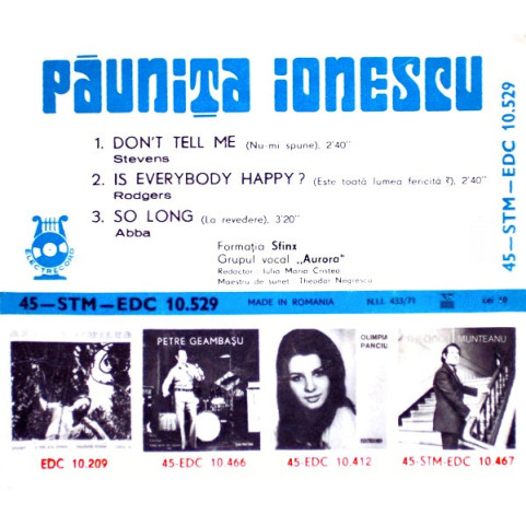 Păunița Ionescu - Don't Tell Me / Is Everybody Happy ? / So Long (1976) [7"]