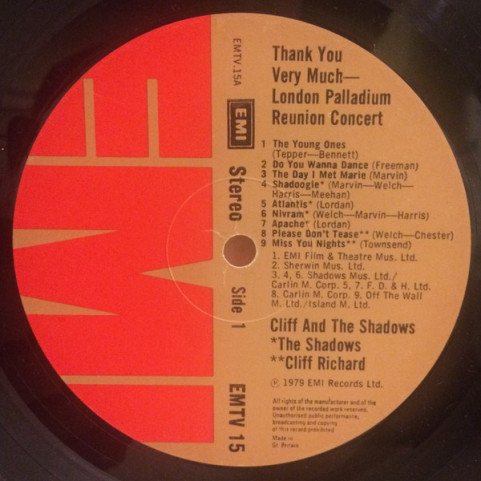 Cliff Richard & The Shadows - Thank You Very Much (Reunion Concert At The London Palladium) (1979) [1LP]