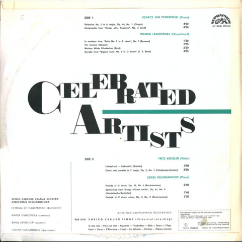 Wanda Landowska, Fritz Kreisler, Ignacy Jan Paderewski, Sergei Rachmaninoff - Celebrated Artists (1968) [1LP]
