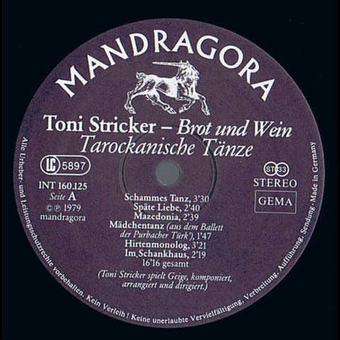 Toni Stricker - Brot Und Wein (Tarockanische Tänze) (1979) [1LP]
