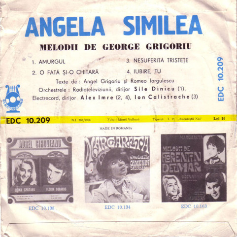 Angela Similea Melodii De George Grigoriu - Amurgul ∗ O Fată Și-o Chitară ∗ Nesuferita Tristețe ∗ Iubire, Tu (1971) [7"]