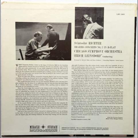 Johannes Brahms / Sviatoslav Richter, Chicago Symphony Orchestra, Erich Leinsdorf - Concerto No. 2 (1960) [1LP]