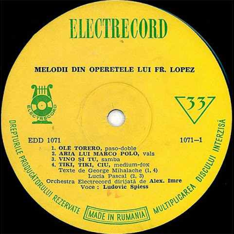 Ludovic Spiess - Melodii Din Operetele Lui Fr. Lopez (1963) [1LP]