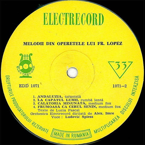 Ludovic Spiess - Melodii Din Operetele Lui Fr. Lopez (1963) [1LP]