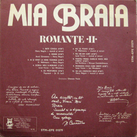 Mia Braia - Romanțe •II• (1979) [1LP]