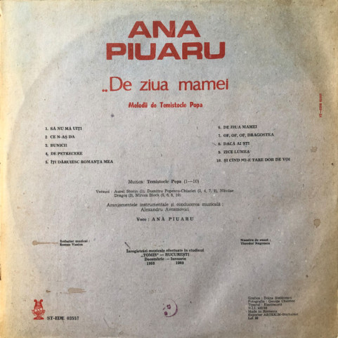Ana Piuaru - De Ziua Mamei (Melodii De Temistocle Popa) (1989) [1LP]