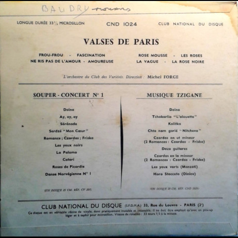 Orchestre Du Club Des Variétés - Valses De Paris [10"]