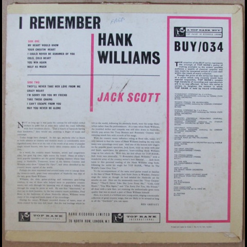 Jack Scott - I Remember Hank Williams (1960) [1LP]