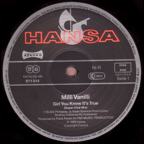Milli Vanilli - Girl You Know It's True (1988) [12"]