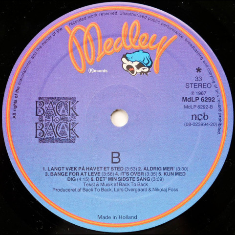 Back To Back - Den Første LP 1987 (1987) [1LP]