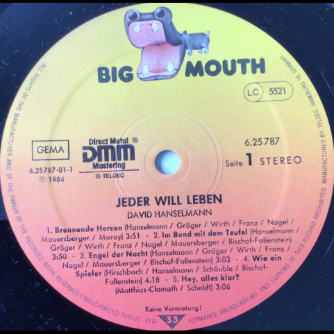 David Hanselmann - Jeder Will Leben (1984) [1LP]