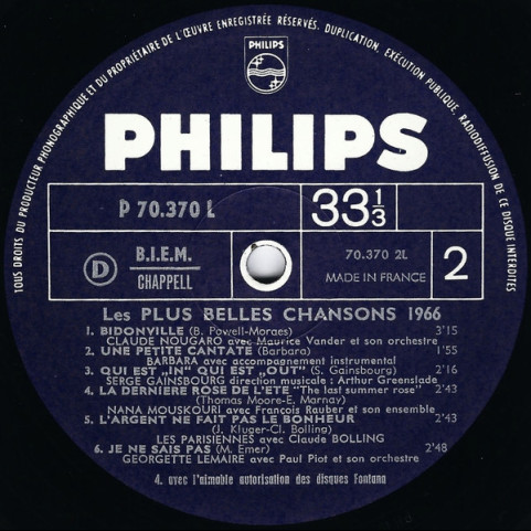 Various - Les Plus Belles Chansons 1966 (1966) [1LP]