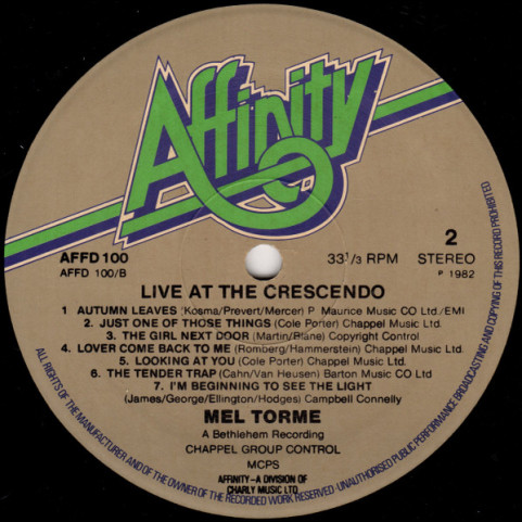 Mel Tormé - Live At The Crescendo (1982) [1LP]