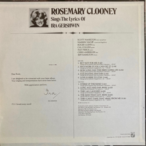 Rosemary Clooney - Rosemary Clooney Sings The Lyrics Of Ira Gershwin (1980) [1LP]