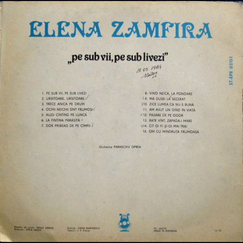 Elena Zamfira - Pe Sub Vii, Pe Sub Livezi (1982) [1LP]
