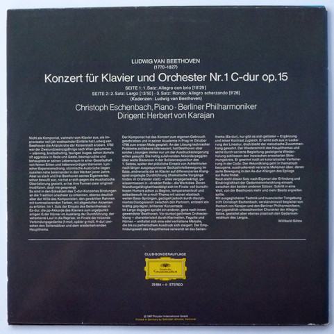 Ludwig van Beethoven - Christoph Eschenbach - Berliner Philharmoniker · Herbert von Karajan - Konzert Für Klavier Und Orchester Nr. 1 C-dur Op. 15 (1967) [1LP]