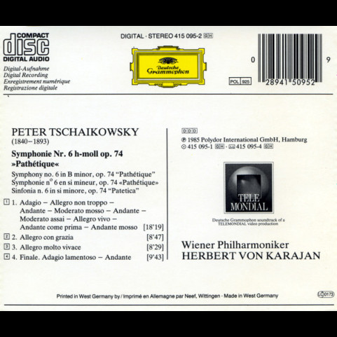 Pyotr Ilyich Tchaikovsky / Wiener Philharmoniker / Herbert von Karajan - Symphonie No.6 »Pathetique« (1985) [1CD]
