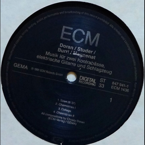 Christy Doran / Fredy Studer / Bobby Burri / Olivier Magnenat - Musik Für Zwei Kontrabässe, Elektrische Gitarre Und Schlagzeug (1991) [1LP]