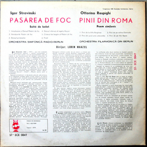 Igor Stravinsky ■ Ottorino Respighi ■ Dirijor: Lorin Maazel - Pasărea De Foc / Pinii Din Roma [1LP]