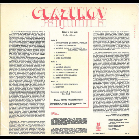 Alexander Glazunov - Orchestra Simfonică A Filarmonicii Din Arad Conducted By Peter Oschanitzky - Raymonda (Ballet Suite) (1987) [1LP]
