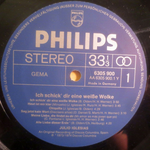 Julio Iglesias - Ich Schick Dir Eine Weiße Wolke (1974) [1LP]