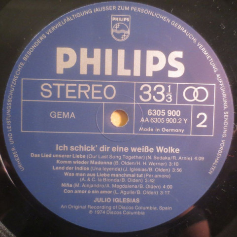 Julio Iglesias - Ich Schick Dir Eine Weiße Wolke (1974) [1LP]