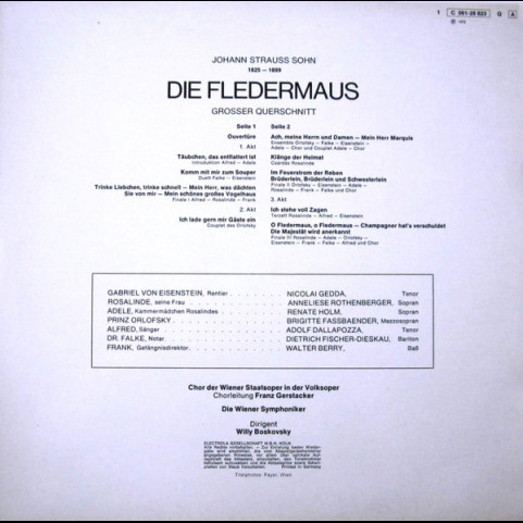 Johann Strauss Jr., Anneliese Rothenberger, Dietrich Fischer-Dieskau, Nicolai Gedda, Renate Holm, Brigitte Fassbaender, Adolf Dallapozza, Walter Berry, Wiener Symphoniker , Dirigent Willi Boskovsky - Die Fledermaus (Grosser Querschnitt) (1972) [1LP]