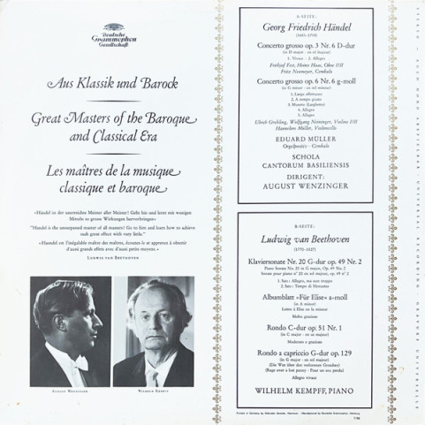 Ludwig van Beethoven, Georg Friedrich Händel, August Wenzinger, Wilhelm Kempff - Aus Klassik Und Barock - Musik Von Beethoven Und Händel (1966) [1LP]