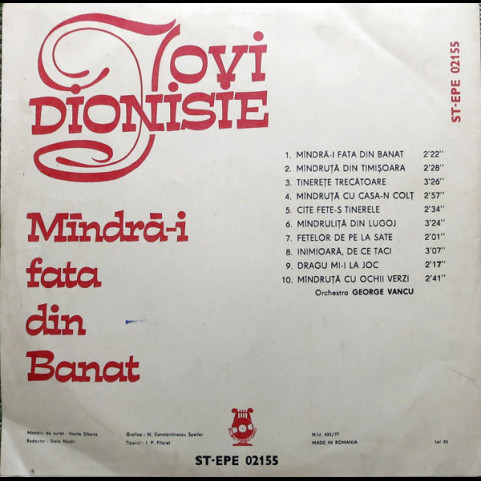 Iovi Dionisie - Mîndră-i Fata Din Banat (1983) [1LP]