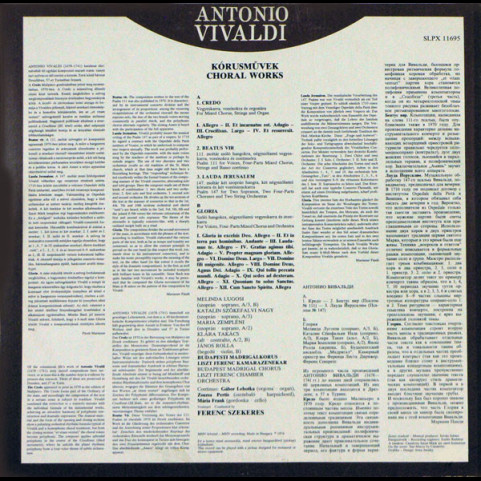 Antonio Vivaldi - Budapesti Madrigálkórus, Liszt Ferenc Chamber Orchestra , Conducted By Ferenc Szekeres - Credo / Beautus Vir / Lauda Jerusalem / Gloria (1976) [1LP]