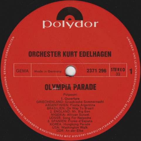 Orchester Kurt Edelhagen - Olympia Parade (Original-Musiken Zum Einzug Der Nationen 26. August 1972 - XX. Olympische Spiele München 1972) (1972) [1LP]