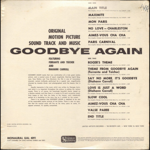 Georges Auric - Goodbye Again (Original Motion Picture Score) (1961) [1LP]